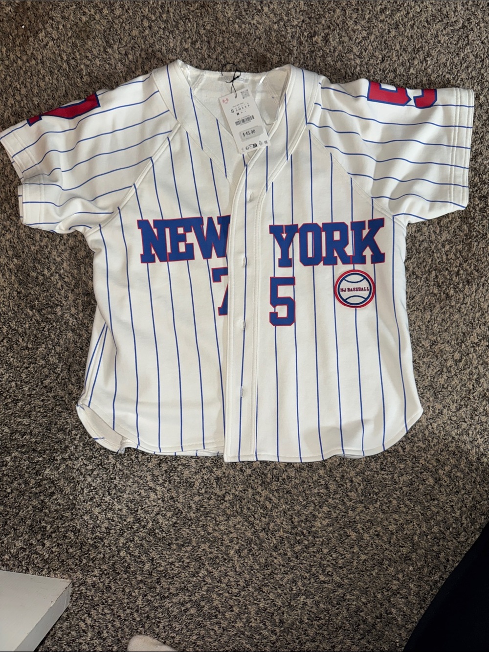 Zara White Jersey with Blue Pinstripes and Red Accents